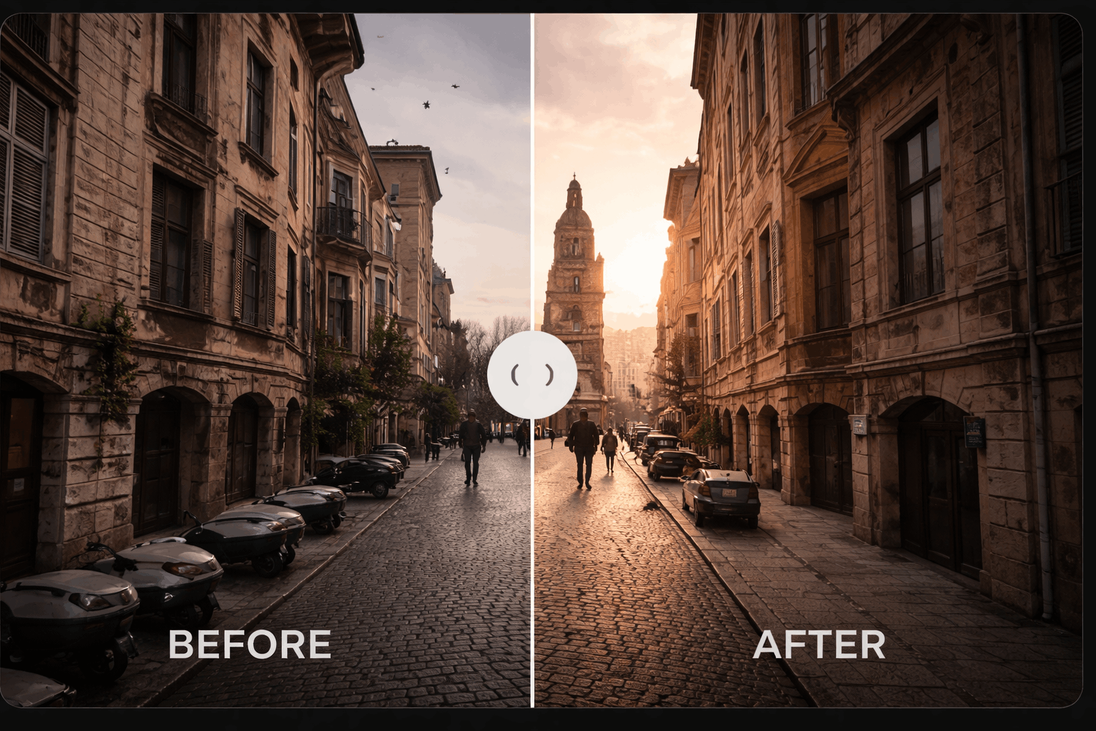 Before and after of a city street with improved warm light
