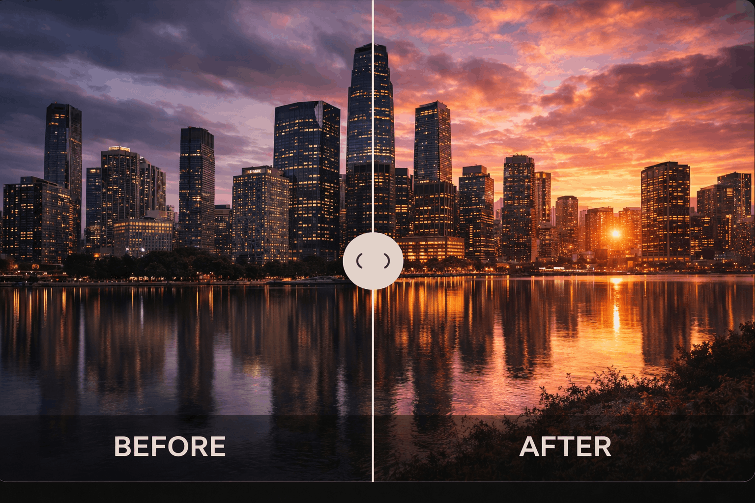 Before and after of a city skyline at sunset