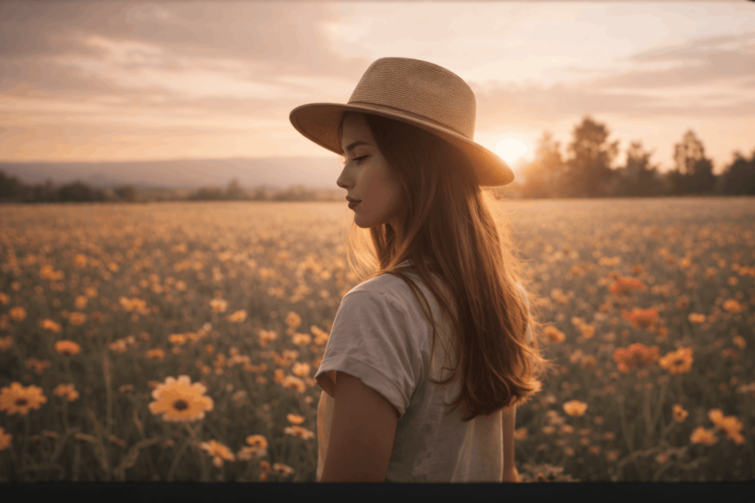 Portrait in a field of flowers during golden hour