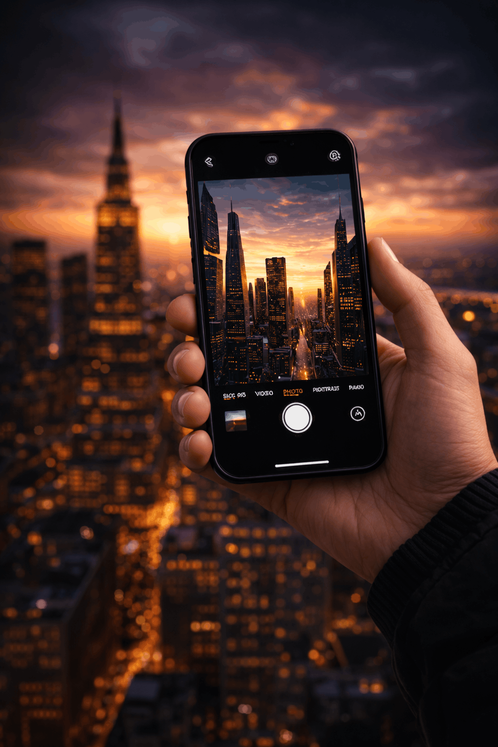 A hand holding a phone and photographing a city sunset